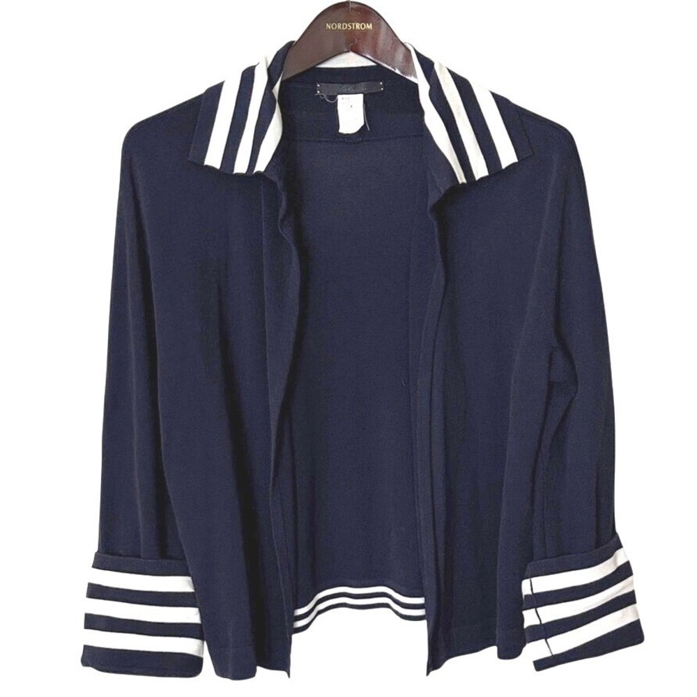 Les‎ Copains Italian Cotton Viscose Stripe Trim Cardigan Navy Small